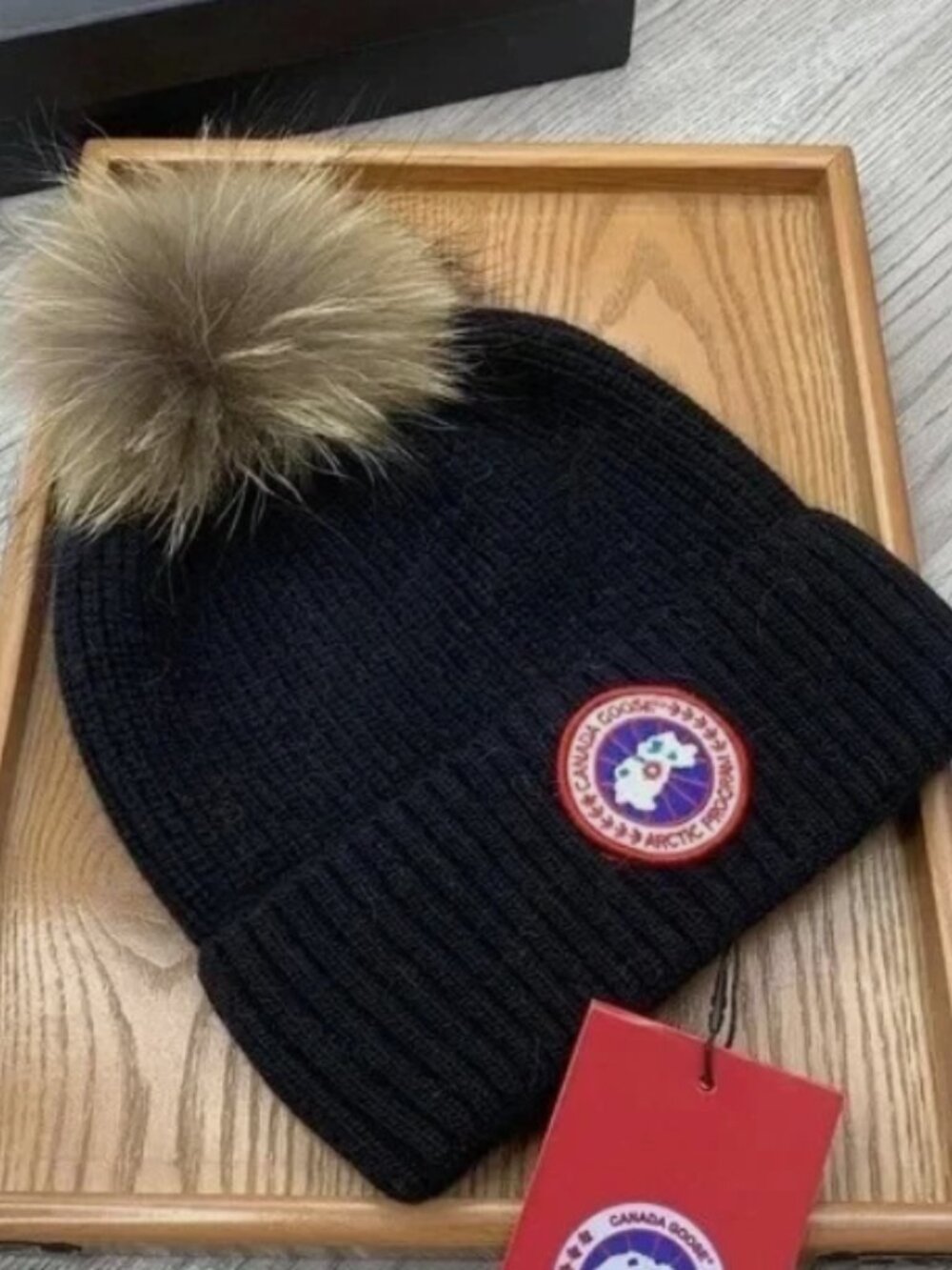 Canada Goose Black Hat with Brown Pom-Pom